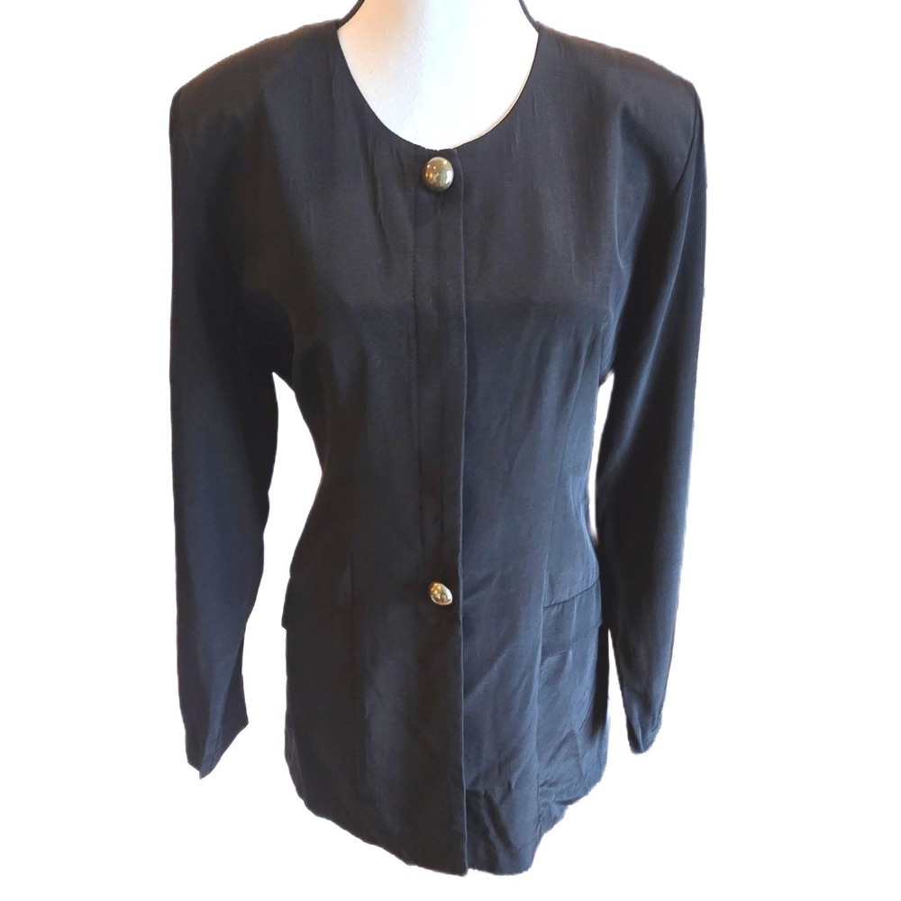 Vintage 90s Decade Designs Black Minimalist Tunic Top Gold Dome Buttons USA 10